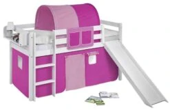 Lit Mezzanine Blanc Avec Toboggan Et Rideau Rose Milo 90x190 Cm