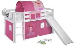 Lit Mezzanine Blanc Avec Toboggan Et Rideau Rose Petite Fée 90x190 Cm