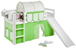 Lit Mezzanine Blanc Avec Toboggan Et Rideau Vert Et Beige Dorie 90x190 Cm