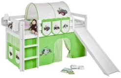 Lit Mezzanine Blanc Avec Toboggan Et Rideau Vert Tracteur 90x190 Cm