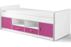 Lit Multi-rangement 90x200 Cm Avec Sommier Bois Blanc Et Fuchsia Bonny