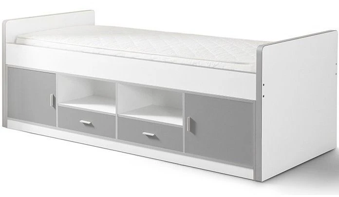 Lit Multi-rangement 90x200 Cm Avec Sommier Bois Blanc Et Gris Bonny