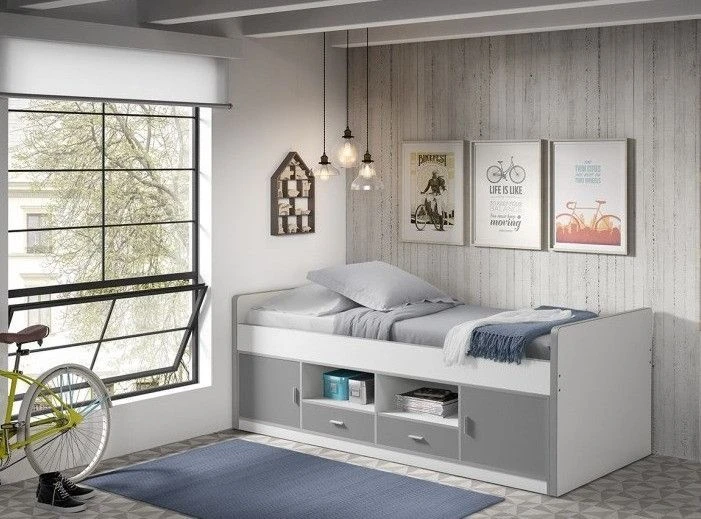 Lit Multi-rangement 90x200 Cm Avec Sommier Bois Blanc Et Gris Bonny – Image 2