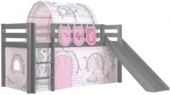 Lit Toboggan 90x200 Cm Avec Tente Tunnel Et 3 Pochettes Contra Pin Massif Gris Pino