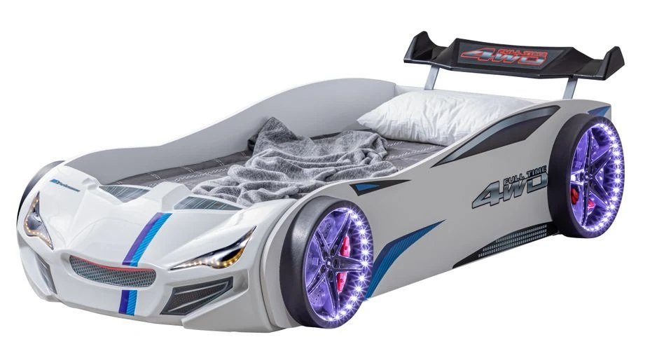 Lit Voiture De Course Avec Bruitages Et Leds Mustang Blanc