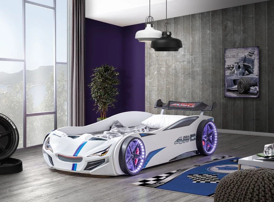 Lit Voiture De Course Avec Bruitages Et Leds Mustang Blanc – Image 2