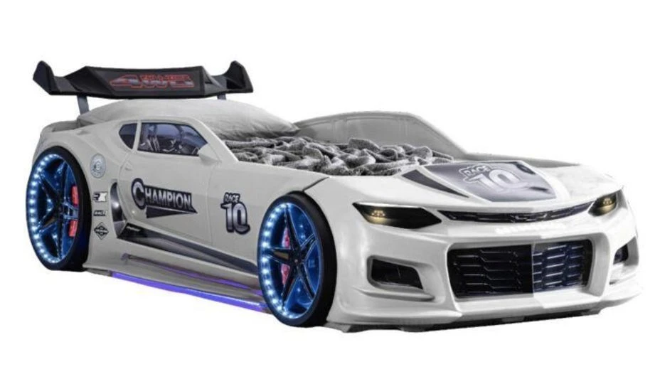 Lit Voiture De Course Champion Racing Blanche Avec Led Et Bruitage 90x190 Cm