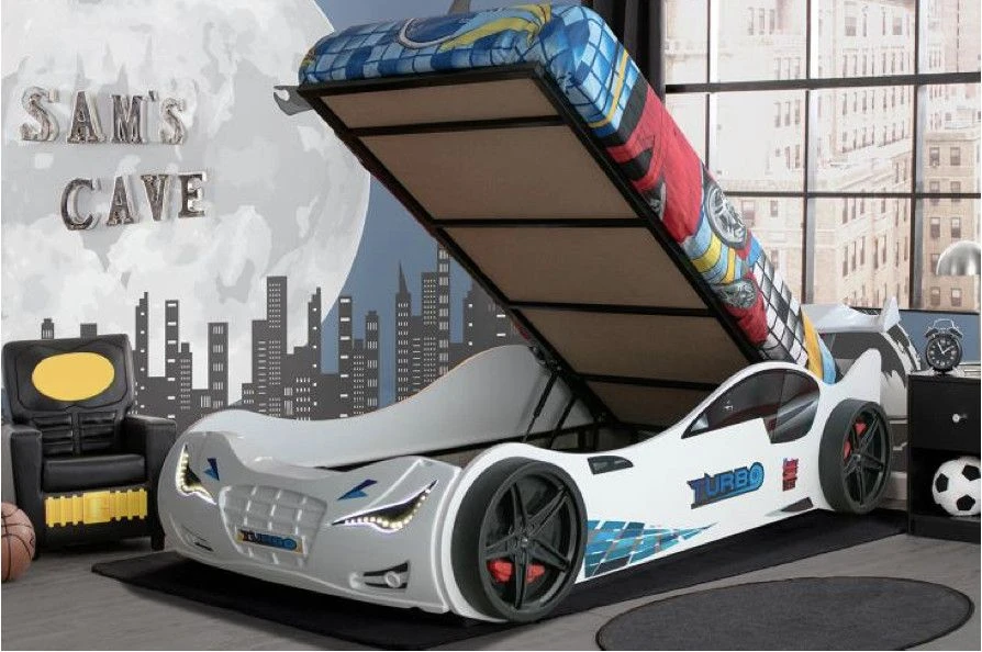 Lit Voiture De Sport Blanc à Led Avec Coffre De Rangement à Led Competition 90x190 Cm – Image 4