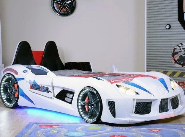 Lit Voiture De Sport Blanc à Led Avec Coffre De Rangement à Led Competition 90x190 Cm