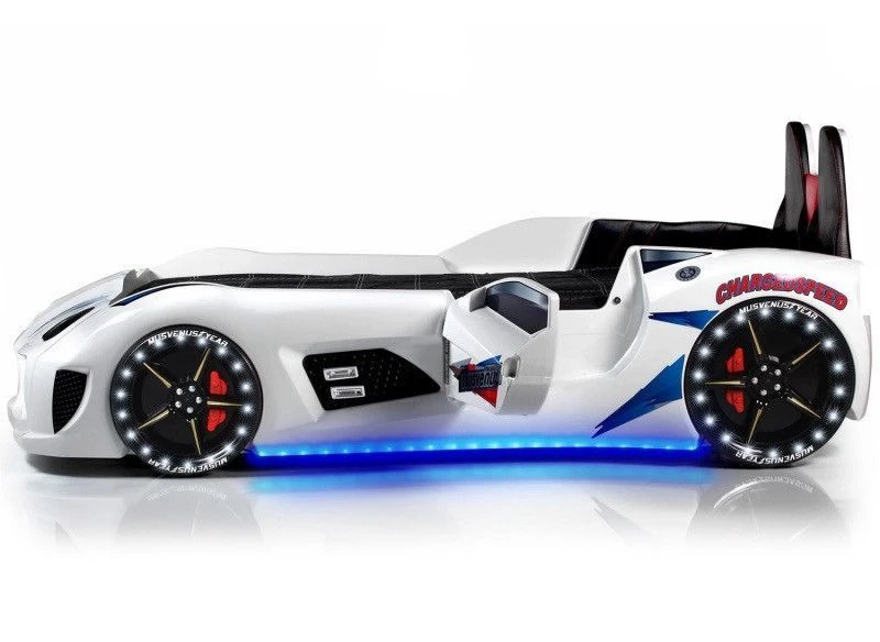 Lit Voiture De Sport Blanc Ă Led Avec Effets Sonores Competition 90x190 Cm