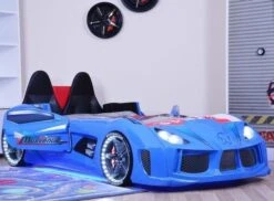 Lit Voiture De Sport Bleu à Led Avec Coffre De Rangement à Led Competition 90x190 Cm