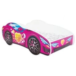 Lit Voiture Racing Rose 80x160 Cm - Sommier Et Matelas Inclus